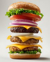 Exploded view of triple cheeseburger with sesame seed bun, fresh lettuce, tomato, red onion, and beef patties layered with melted cheese on neutral background.