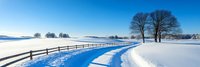 Winter landscape with snow-covered field, wooden fence and bare trees under clear blue sky. Rural countryside scene for seasonal backgrounds and nature designs.