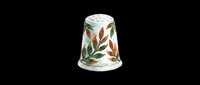Watercolor sewing thimble with green and brown leaf botanical pattern, isolated on transparent background, ready for clipart, stickers, t-shirt design, and print on demand use.