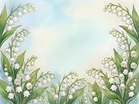 Watercolor lily of the valley floral frame with white bell flowers and green leaves on soft blue background, copy space for text.