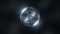 Glowing sphere with swirling white particles and light effects inside transparent glass orb on dark background, suitable for science, technology, and abstract design projects.