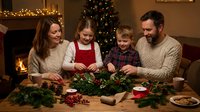 Happy Caucasian family making Christmas wreath together at home with decorated tree and fireplace creating festive holiday memories and traditions.