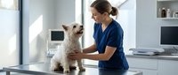 Veterinarian in blue scrubs examining small white dog on examination table in modern clinic with medical equipment and bright natural light.