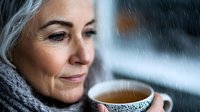 Mature woman with silver hair enjoying hot tea on rainy day, wearing cozy knit scarf. Contemplative expression while holding decorative ceramic cup near window.