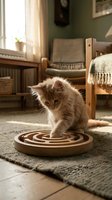 Fluffy ginger kitten playing with a wooden maze puzzle toy on a rug in a cozy sunlit living room, exploring with curiosity.