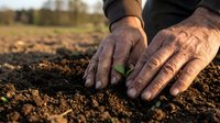 Elderly farmer hands gently protecting young green plant seedling growing in rich brown soil during golden hour sunrise in agricultural field.