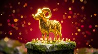 Golden ram statue standing on moss-covered stone with bokeh lights on red background. Suitable for luxury, wealth, success, and festive celebration designs.