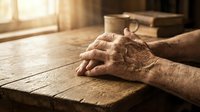 Elderly hands folded in prayer on wooden table with warm sunlight streaming through window creating peaceful spiritual moment for meditation and faith.