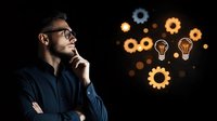 Young Caucasian businessman in glasses thinking thoughtfully against dark background with glowing gears and light bulbs, representing innovation and problem solving.