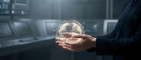 Businessperson holding glowing digital globe with network connections in modern office environment, representing global technology, data connectivity, and worldwide business innovation.