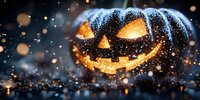 Glowing carved pumpkin with spooky face illuminated from within on dark background with magical bokeh lights and falling snow creating mystical Halloween atmosphere.