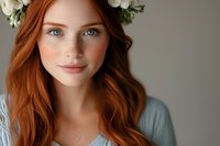 Young woman with long red hair, fair complexion, and freckles wearing white flower crown and blue-gray top for portrait, beauty, and lifestyle photography.