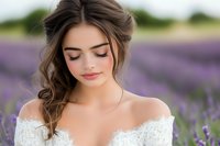 Young Caucasian bride with romantic makeup and wavy brown hair wearing off-shoulder lace wedding dress poses with closed eyes in blooming lavender field.