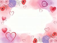 Romantic watercolor frame with pink hearts, roses and poppies on soft gradient background for Valentine's Day cards, wedding invitations and love designs.
