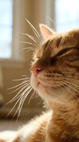 Orange tabby cat with white whiskers gazing upward near a window with soft natural light, suitable for pet, animal, and lifestyle content.