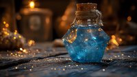 Magical glowing blue potion in glass bottle with cork stopper against dark background with golden bokeh lights and mystical atmosphere.