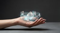 Human hand displaying holographic digital network with glowing nodes and connections floating above palm against dark background for technology concepts.