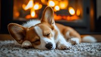 Adorable corgi puppy sleeping peacefully on soft carpet near warm fireplace with glowing flames creating cozy atmosphere for pet care and home comfort.