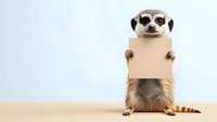 Playful meerkat standing upright holding blank cardboard sign against light background, humorous wildlife concept for advertising and message placement.