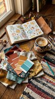 Overhead flat lay of artist workspace with open sketchbook featuring whimsical animal illustrations, ceramic mug with coffee, paint color swatches, fabric samples, dried flowers, and brown leather wallet on wooden floor with woven rug.