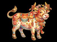 Decorative ox with ornate golden patterns, red accents, and traditional Asian design elements isolated on transparent background for t-shirt design, clipart, and print-on-demand projects.