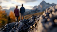 Silhouette of couple standing on rocky mountain peak at sunset, dramatic mountain landscape with autumn trees and dramatic clouds in background.