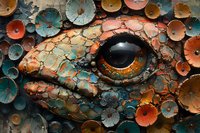 Close-up macro view of fantasy dragon or reptile eye with textured scaly skin surrounded by circular coral and turquoise patterns creating mysterious atmosphere.