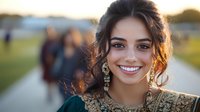 Young Hispanic woman with radiant smile wearing elegant gold embroidered dress and statement earrings at outdoor event during golden hour sunset lighting.