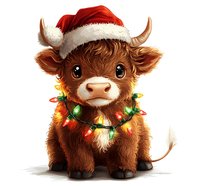 Adorable brown highland calf wearing Santa hat and colorful Christmas lights garland on white background. Festive holiday character with big eyes and fluffy fur.