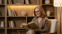 Mature blonde woman with glasses reading book in cozy home library with warm lighting and wooden shelves filled with books and decorative items.