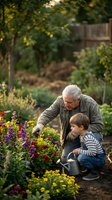 Senior Caucasian grandfather teaching young grandson gardening skills in backyard flower garden during golden hour sunset light.