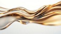 Flowing golden liquid waves with metallic shine and sparkles creating elegant abstract motion on white background for luxury design projects.