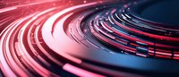 Futuristic curved lines with glowing red and blue neon light trails creating dynamic motion effect against dark background, modern abstract technology concept.