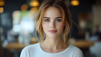 Young woman with blonde hair and blue eyes wearing white top in cafe setting with soft bokeh background. Natural beauty portrait for lifestyle content.