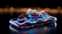 Futuristic holographic data visualization emerging from smartphone screen with glowing neon waves and particles on dark background for technology concepts.
