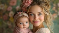 Young Caucasian mother with blonde curly hair holds baby daughter in matching pink floral headbands against blurred floral background, both with striking blue eyes and gentle smiles.