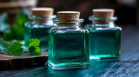 Small glass bottles with turquoise liquid and cork stoppers on dark background with fresh mint leaves, aromatic essential oil for spa and aromatherapy treatments.