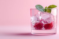 Refreshing cocktail with ice cubes and mint garnish in elegant lowball glass on pink background. Red liqueur or syrup creates gradient effect.