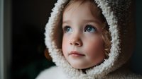 Young child with blue eyes wearing cozy white sherpa hood looking upward with innocent expression in soft natural light. Perfect for childhood, parenting, or winter themes.