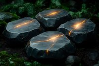 Glowing cracks in dark stone rocks emit mysterious orange light against lush green forest background, creating magical atmosphere in garden landscape.