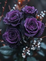 Deep purple roses covered in frost crystals with white baby's breath flowers and dark foliage, ideal for luxury floral arrangements and wedding designs.