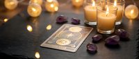 Mystical tarot cards with burning candles and rose petals create atmospheric fortune telling scene on dark slate surface for spiritual guidance.