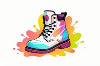 White combat boot with rainbow holographic elements on colorful paint splash background, artistic fashion illustration style on isolated background.