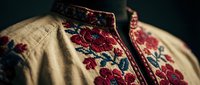 Traditional embroidered linen shirt with red and blue floral folk patterns, showcasing intricate cross-stitch craftsmanship on natural fabric.