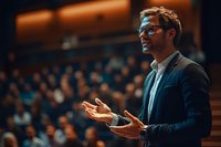 Confident young businessman with glasses giving presentation to audience in conference hall, gesturing expressively while speaking at corporate event.