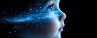 Female profile view with glowing blue particle effect dissolving from face into darkness, representing artificial intelligence, technology transformation and digital identity.