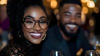 Young African American woman with glasses and natural curly hair smiling brightly at evening social gathering, with bearded man in background against warm bokeh lights.