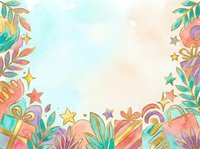 Colorful hand-drawn gift boxes, flowers, leaves and stars frame a light watercolor background. Ideal for greeting cards, invitations, posters, social media graphics and festive designs.