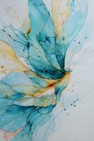 Abstract fluid art in turquoise and gold tones with flowing organic shapes resembling flower petals or ocean waves on white background.