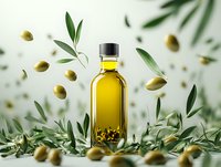 Glass bottle of premium olive oil surrounded by fresh green olives and leaves floating in air against light background. Suitable for culinary and cosmetic advertising.